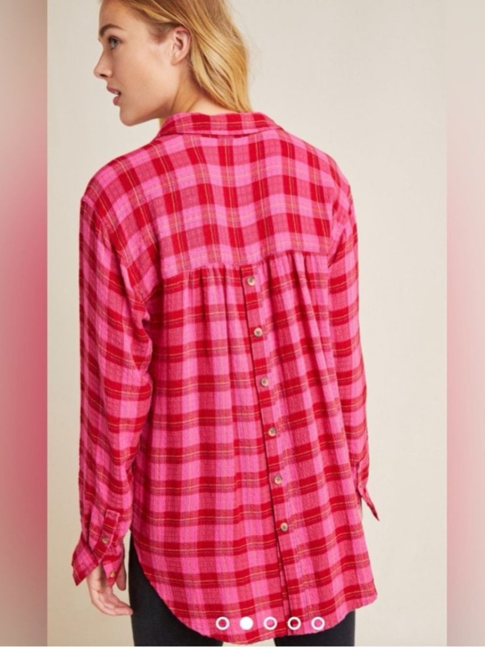 Anthropologie Isadora Plaid Flannel Tunic M Pink Red Button Back Oversized - Picture 3 of 6
